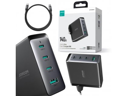 Síťová nabíječka Joyroom GaN Ultra JR-TCG05EU 140W PD 3.0 QC 3.0 3x USB-C 1x USB-A černá + kabel