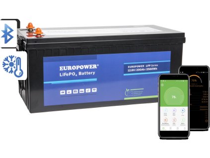LiFePO4 EUROPOWER LFP 12,8V 200Ah Bluetooth baterie, topná podložka (životnost ~2000 cyklů)
