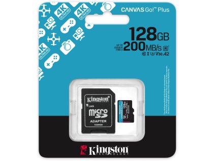 128GB paměťová karta microSD Kingston CanvasGo! Plus 200MB/s A2 U3 V30 + adaptér