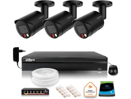 Dahua IP dohledová sada 4MPx 2K 3 venkovní černé kamery s 1TB diskem