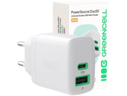 Greencell PowerSource Duo30 30W 1xUSB-C 1xUSB-A PD 3.0 QC 4.0+ síťová nabíječka bílá