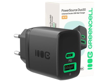 Greencell PowerSource Duo30 30W 1xUSB-C 1xUSB-A PD 3.0 QC 4.0+ síťová nabíječka černá