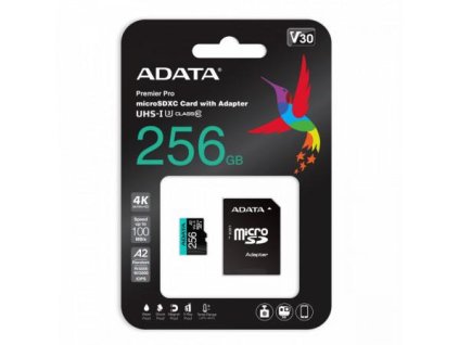 Adata Premier Pro 256 GB UHS1 U3 V30 A2 microSD paměťová karta + adaptér