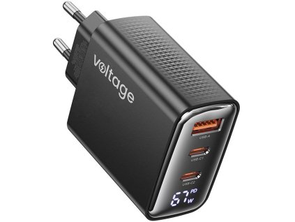 Napěťová GaN nabíječka 67W PD 3.0 QC 4.0 USB-A 2x USB-C Digitální displej černý