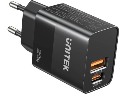 Unitek 1x USB-A, 1x USB-C, QC, PC 3.0, 20W síťová nabíječka, černá