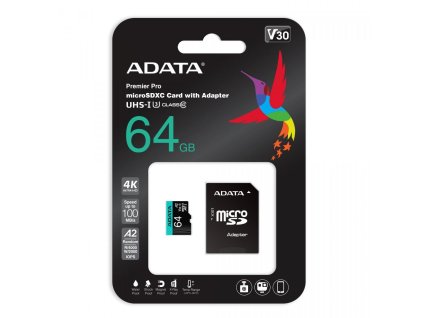 Pamäťová karta Adata microSD Premier Pro 64 GB UHS1 U3 V30 A2 + adaptér