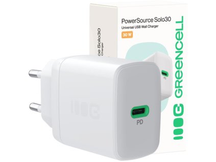 Greencell PowerSource Solo30 30W 1xUSB-C PD 3.0 QC 4.0+ sieťová nabíjačka biela