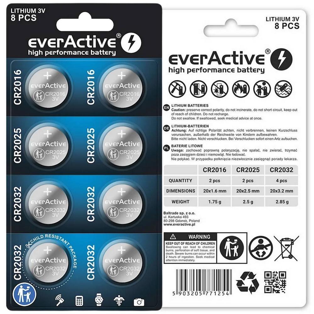 Sada 8 batérií 3,0 V 4x CR2032 2x CR2025 2x CR2016 everActive
