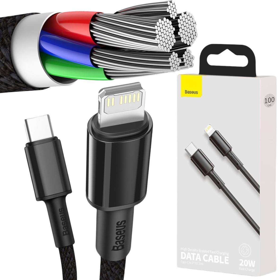 Kábel USB-C -> Lightning / iPhone Baseus Cafule CATLGD-01 1m 20W PD Rýchlonabíjanie ČIERNY S OBALOM