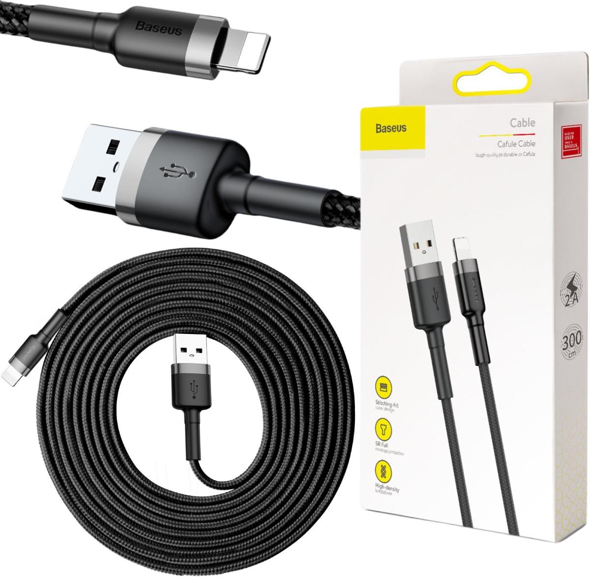USB-A -> Lightning / iPhone kábel Baseus Cafule CALKLF-RG1 300cm Apple 2A ČIERNA/ŠEDÁ V OBALE