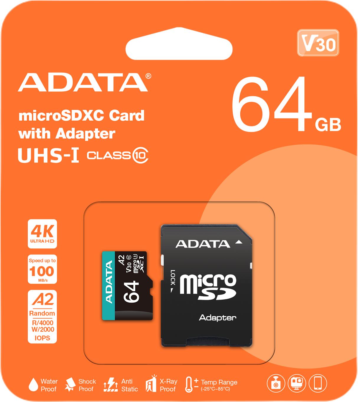 Pamäťová karta Adata microSD Premier Pro 64 GB UHS1 U3 V30 A2 + adaptér