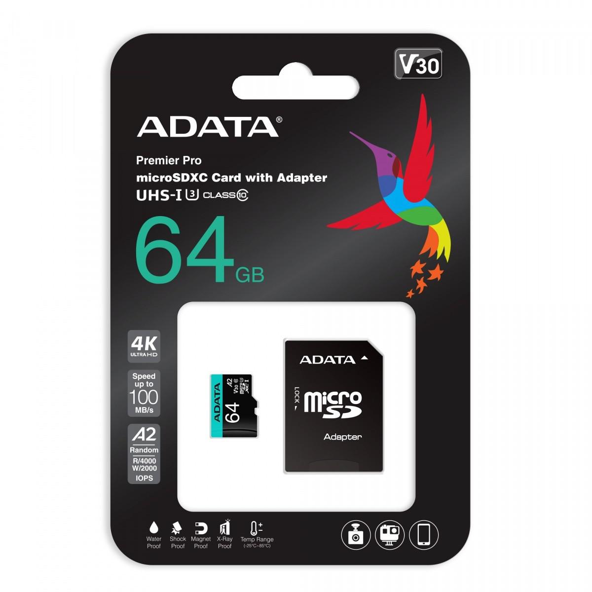 Pamäťová karta Adata microSD Premier Pro 64 GB UHS1 U3 V30 A2 + adaptér