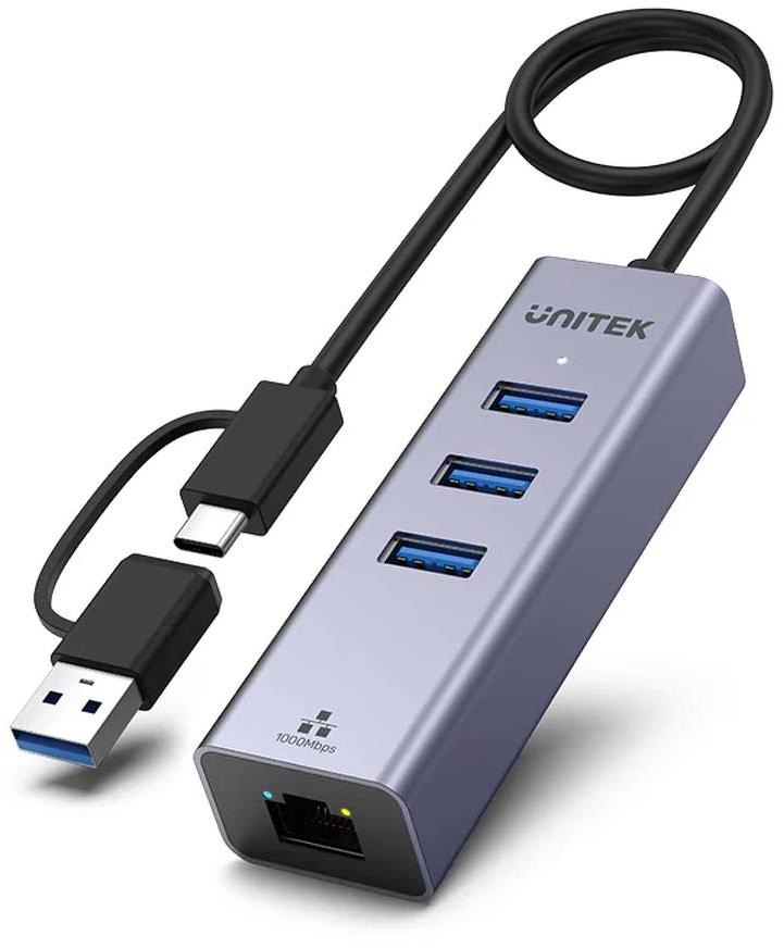Unitek Hub USB C 4v1 Ethernet 3 x USB A 5 Gb/s s adaptérom USB A
