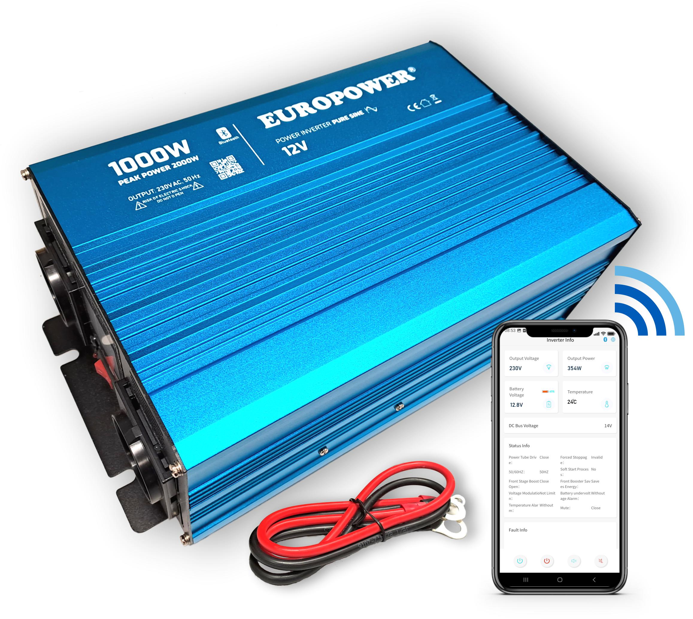 MENIČ NAPÄTIA EUROPOWER 12V DC / 230V AC 1000W / 2000W ČISTÁ SÍNUSOVÁ VLNA BLUETOOTH
