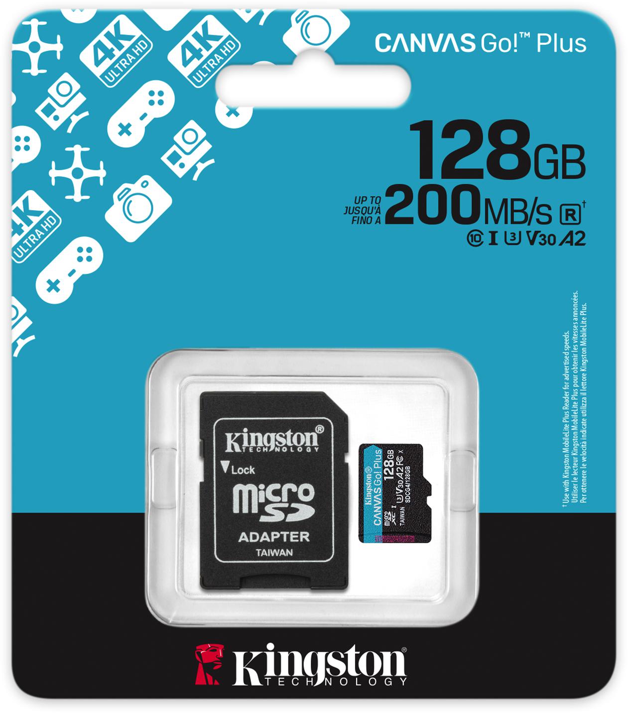 128GB pamäťová karta microSD Kingston CanvasGo! Plus 200MB/s A2 U3 V30 + adaptér