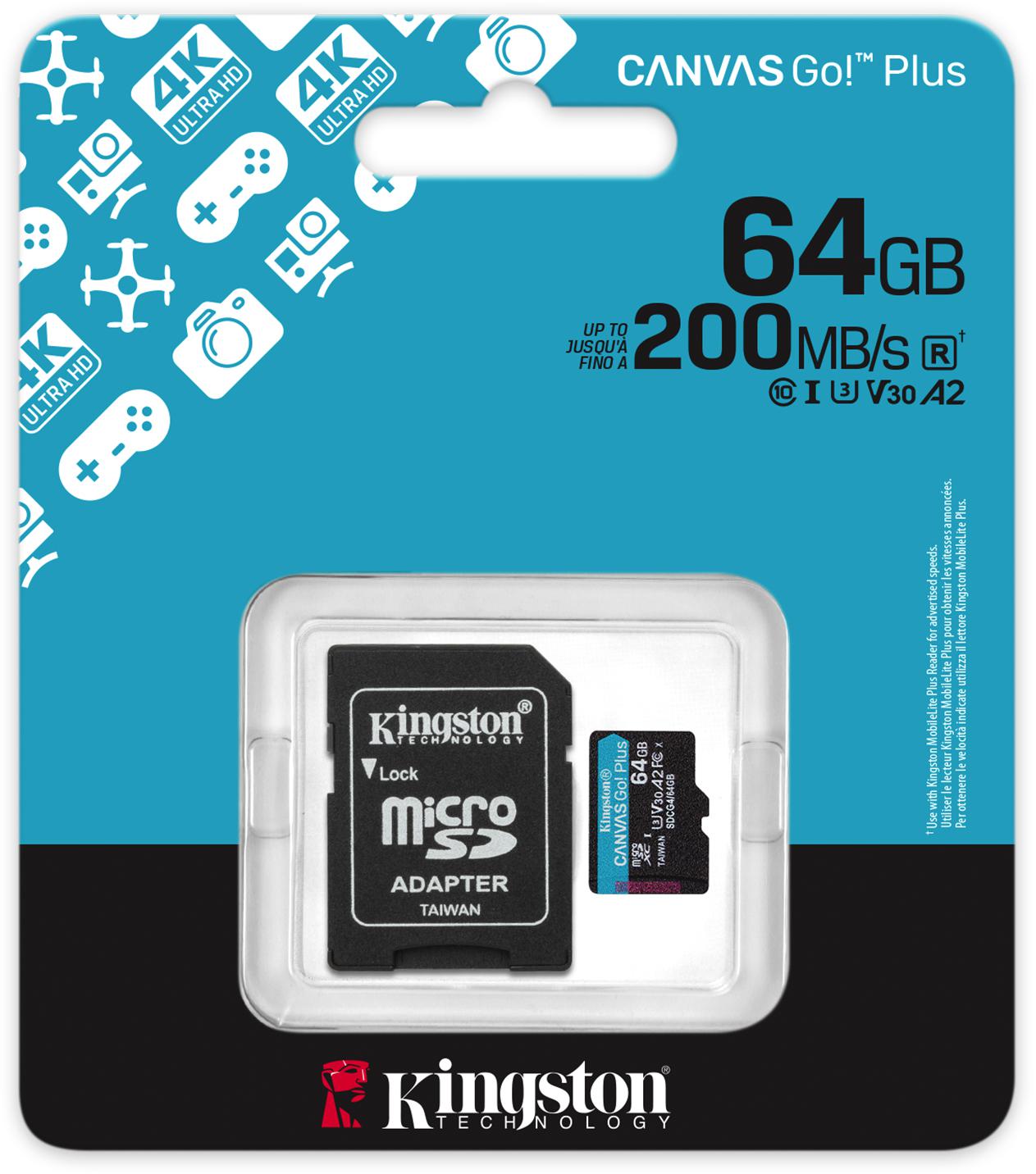 64GB pamäťová karta microSD Kingston CanvasGo! Plus 200MB/s A2 U3 V30 + adaptér