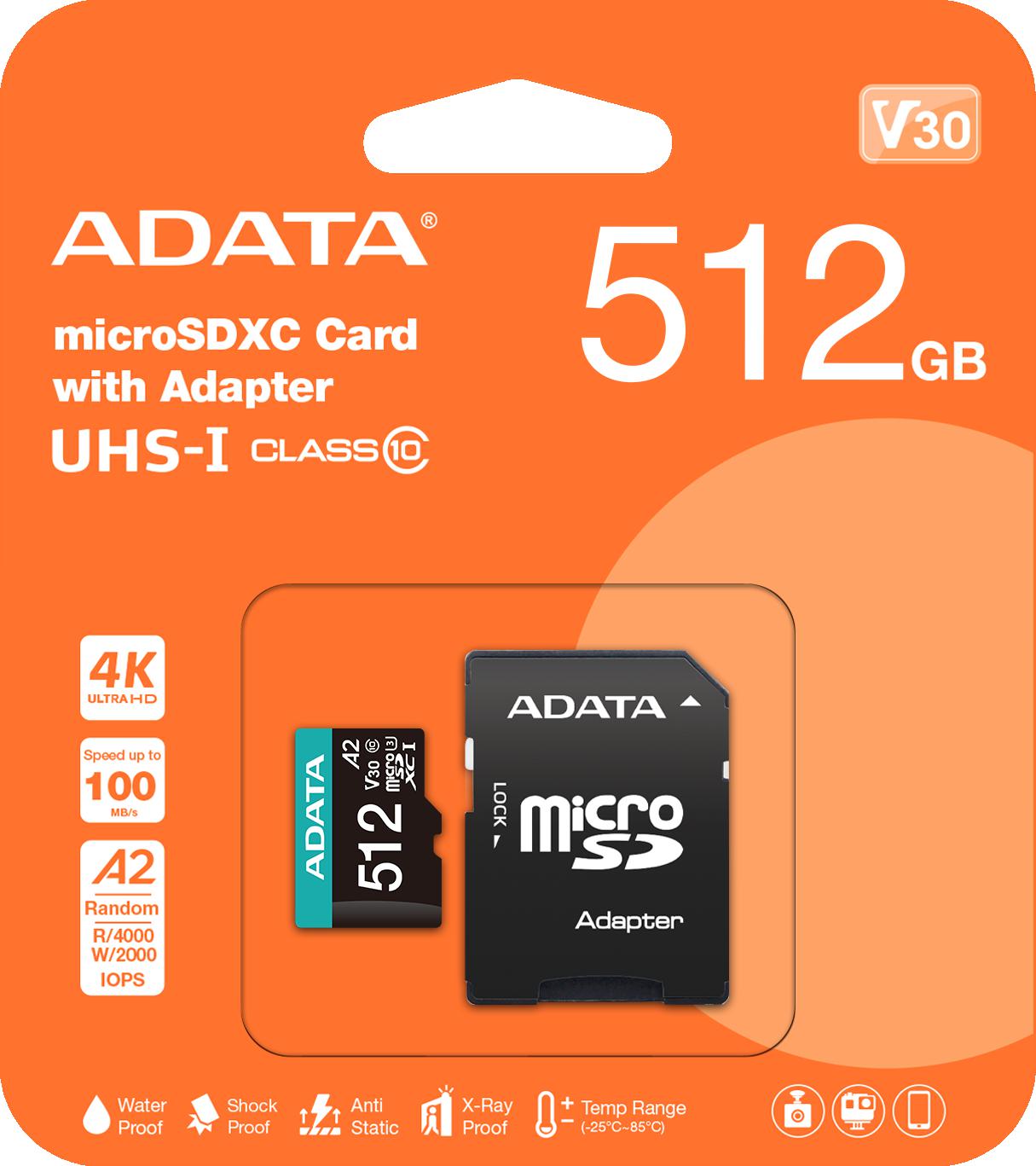 Adata Premier Pro 512 GB UHS1 U3 V30 A2 microSD pamäťová karta + adaptér