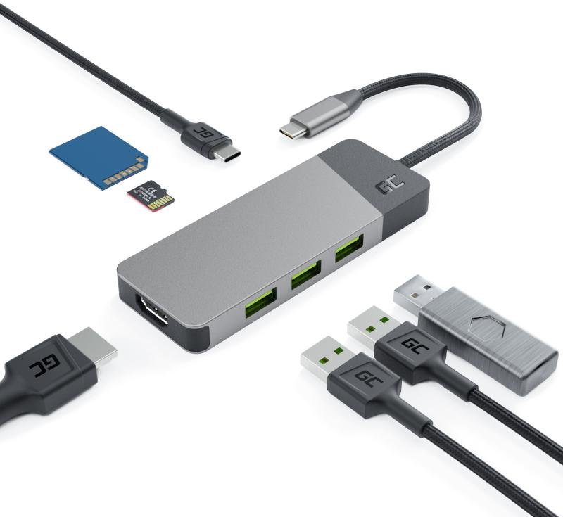 Rozbočovač USB 7v1 Green Cell Connect 3x USB-A 3.1 HDMI 4K 60Hz 1x USB-C PD 85W