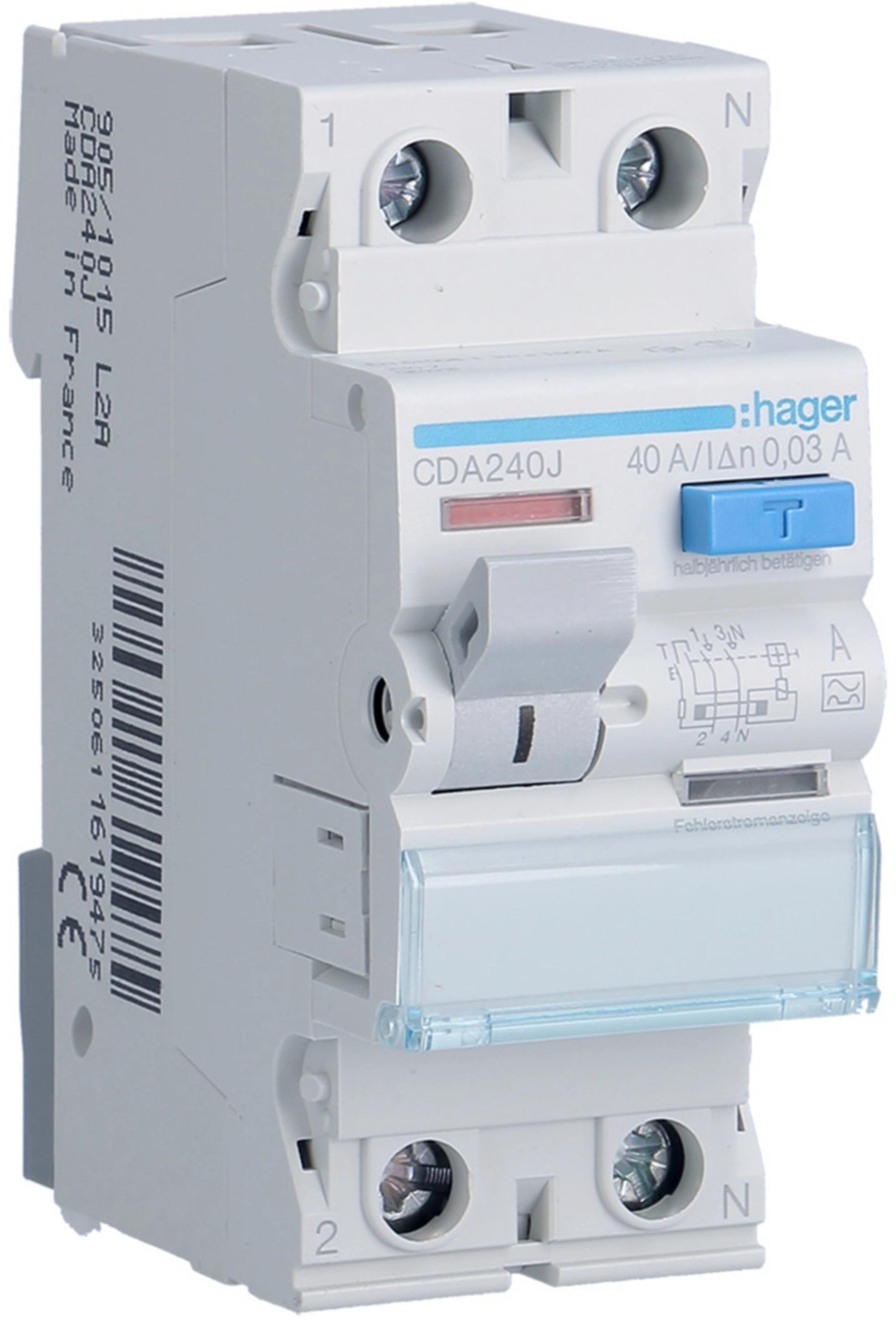 HAGER RCCB prúdový chránič 1P+N 40A 30mA 6kA A CDA240J