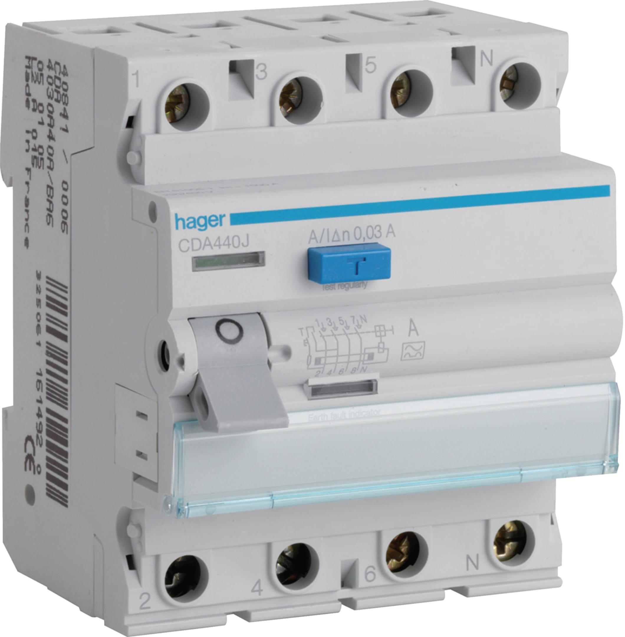 HAGER RCCB prúdový chránič 3P+N 40A 30mA 6kA A CDA440J