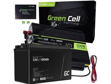 KONVERTEROVÁ SADA Green Cell 12V->230V 300W/600W CLEAN SINUS + GreenCell 12V 100Ah AGM BATERIE