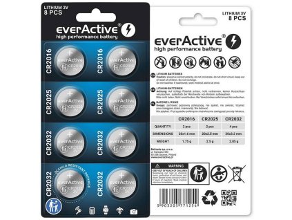 Sada 8 baterií 3,0 V 4x CR2032 2x CR2025 2x CR2016 everActive