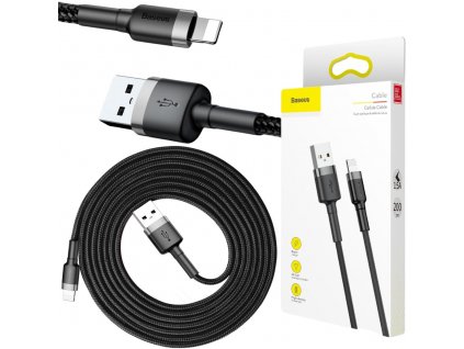 Kabel USB-A -> Lightning / iPhone Baseus Cafule CALKLF-CG1 200cm Apple 1,5A ČERNÝ/ŠEDÝ V OBALU