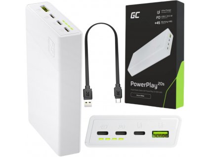 POWERBANK Green Cell PowerPlay20S 20000mAh PD 22,5W QC 3.0 3x USB-C BÍLÁ