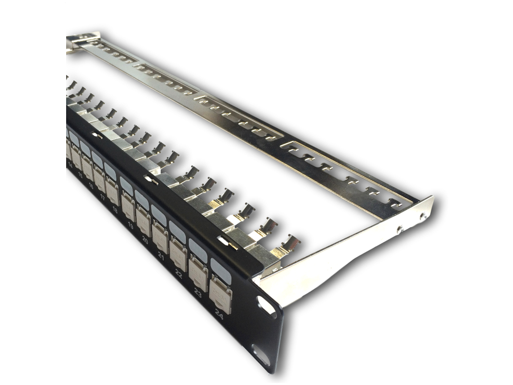 DATACOM Patch panel 19'' STP 24 port CAT6A 1U čierny, vyvaz.lišta, beznástrojový