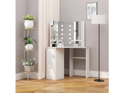 Multidom Rohový toaletný stolík make-up stolík s LED osvetlením biely