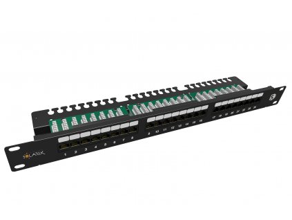 19" patch panel Solarix 24 x RJ45 CAT5E UTP s vyvazovací lištou 1U SX24L-5E-UTP-BK-N