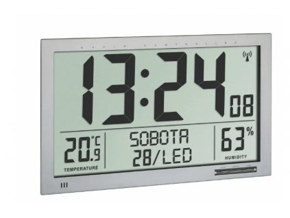 60.4517.54 TFA Rádiom riadené digitálne XL hodiny s teplomerom a vlhkomerom, strieborné