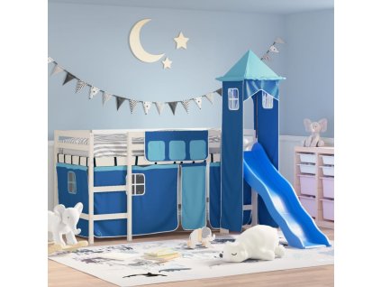 Multidom Detská vyvýšená posteľ veža modrá 90x190 cm masívna borovica