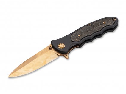 Böker 110227DAM LEOPARD-DAMAST III GOLD zberateľský nôž 9,5 cm, zlatá, čierna, hliník