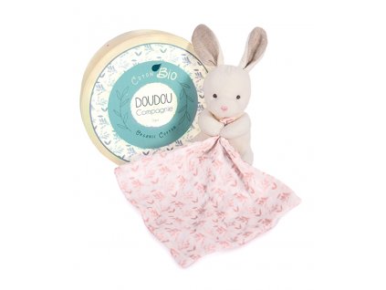 Doudou Dárková sada - Plyšový králiček s růžovou dečkou z BIO bavlny 15 cm