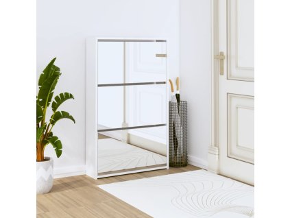 Multidom Skrinka na topánky so zrkadlom, 3-vrstvová, lesklá biela, 63x17x102,5 cm