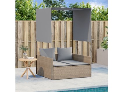 Multidom Dvojité ležadlo so strieškou a závesmi béžové polyratan