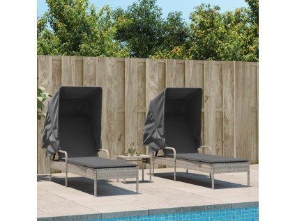 Multidom Lehátka 2 ks so strieškou a stolíkom svetlosivé polyratan