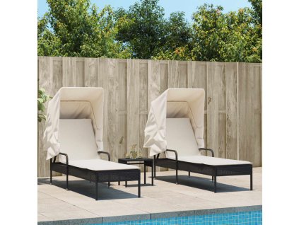 Multidom Lehátka 2 ks so strieškou a stolíkom čierne polyratan