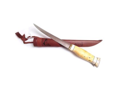 WOOD JEWEL WJ23FP filetovací nôž 16 cm, drevo kučeravej brezy, paroh, kožené puzdro