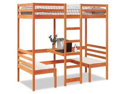 Multidom Vyvýšená posteľ+stôl, stoličky, hnedá 90x200cm borovicový masív