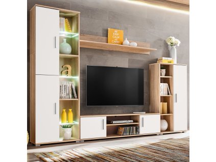 Multidom Obývacia stena s LED svetlom, dub sonoma a biela farba