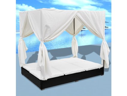 Multidom Záhradná posteľ so závesmi, polyratan, čierna