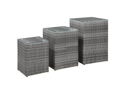 Multidom Bočné stolíky so sklenenou doskou 3 ks sivé polyratanové