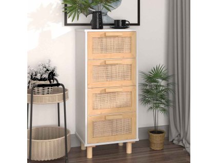 Multidom Komoda biela 40x30x90 cm masívna borovica a prírodný ratan