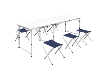 Skladací kempingový set, stôl+6 stoličiek, nastaviteľná výška 180x60cm