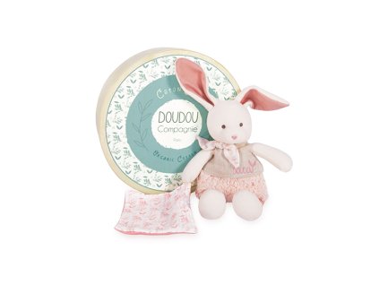 Doudou Dárková sada - Plyšový Ecru králiček s růžovou dečkou z BIO bavlny 22 cm