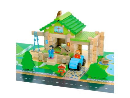 Jeujura Dřevěná stavebnice 80 dílů Můj první dům s autem