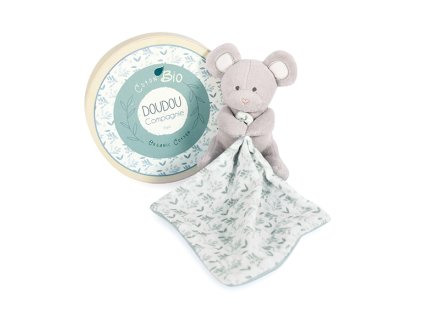 Doudou Dárková sada - Plyšová myška s dečkou z BIO bavlny 15 cm zeleno-bílá