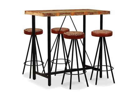 Multidom Barová súprava, 5 kusov, recyklovaný masív, pravá koža a plátno